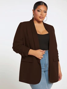 SHEIN Tall CURVE 大尺碼女款黑色夏季休閒修身商務度假風優雅曲線正式披肩領西裝外套辦公工作上衣 - 咖啡棕 - 查看 3