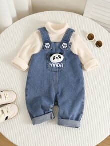 SHEIN 男女嬰兒/幼兒秋冬可愛熊貓娃娃牛仔吊帶褲，嬰兒牛仔連身褲，冬季連身衣，聖誕 - 藍色 - 查看 5