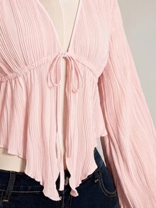 SHEIN ICON 女款大尺碼黑色秋季波希米亞風夜店復古Y2K針織前領結喇叭長袖不對稱下擺上衣 - 粉色 - 查看 7