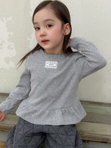 DAZY Infant (Girl) Ruffle Trim Long Sleeve Solid Color Korean Style Top - Grey - View 9