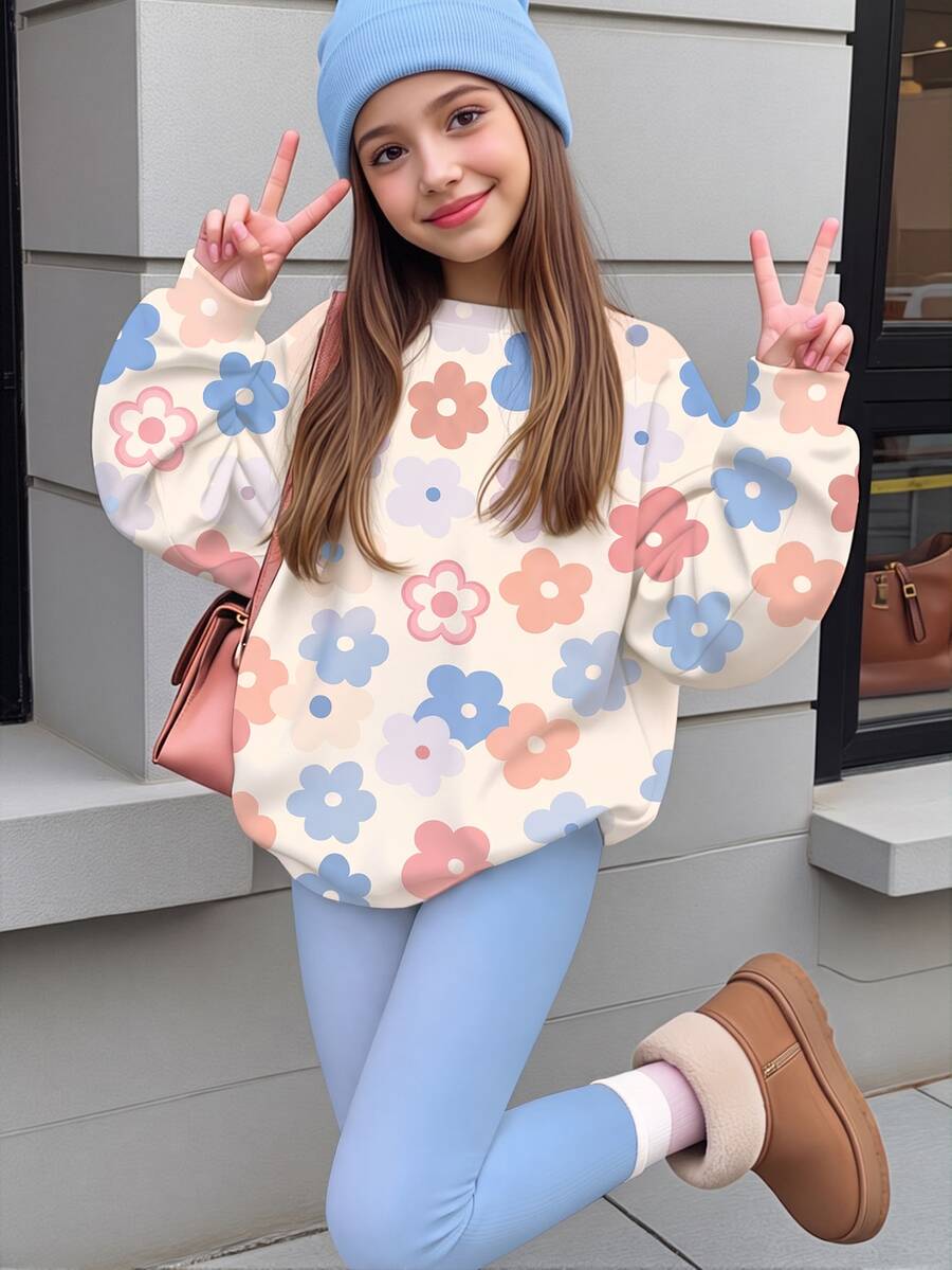 青少年女孩休閒牛仔女孩風可愛花卉圖案 米色淺藍色 圓領衛衣彈性腰長褲套裝 秋冬校園假期穿搭 - 白色 - 查看 1