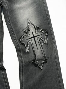 Manfinity Denimwave 男士街頭風哥德十字貼布原邊刺繡設計漸層水洗牛仔褲 - 灰色 - 查看 7