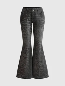 ROMWE Grunge Punk Y2K Light Leopard Print Flare Jeans For Women - Black - View 1