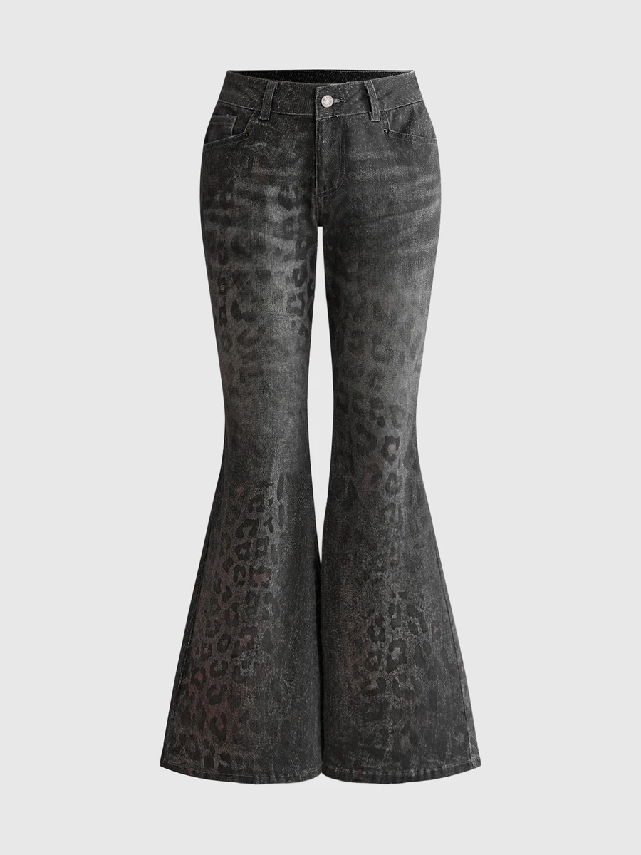 ROMWE Grunge Punk Y2K Light Leopard Print Flare Jeans For Women - Black - View 1