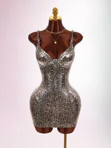 Amplova Women's Spaghetti Strap Snake Print Sexy Avant-Garde Bodycon Mini Dress, Cute And Sexy, Suitable For Autumn/Winter Outfits, Tight Fit - Grey - View 4