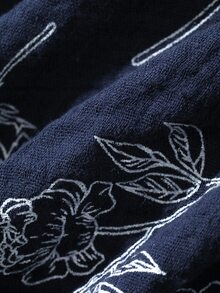 Dazy Plus Floral Line Drawing Pattern All-Over Print Textured Crepe Fabric Contrast Button Decor Pajama Set - Navy Blue - View 3