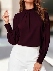 SHEIN LUNE CURVE Plus Solid Mock Neck Fold Pleated Blouse - Burgundy - View 1