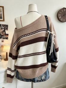 Collagica Collagica Women's Plus Size Asymmetrical Shoulder Colorblock Casual Daily Knit Top - Khaki - View 2
