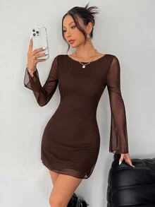 SHEIN PETITE 女款黑色新款性感露背長喇叭袖網紗洋裝，早秋陽光裙，適合嬌小女性夜晚外出約會穿著 - 巧克力棕 - 查看 2