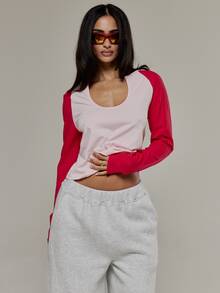 MUSERA Scoop Keyhole Front Fitted Contrast Colour Raglan Top Autumn Winter Fall Cute Basics Sexy Going Out Street Style - Multicolor - View 1