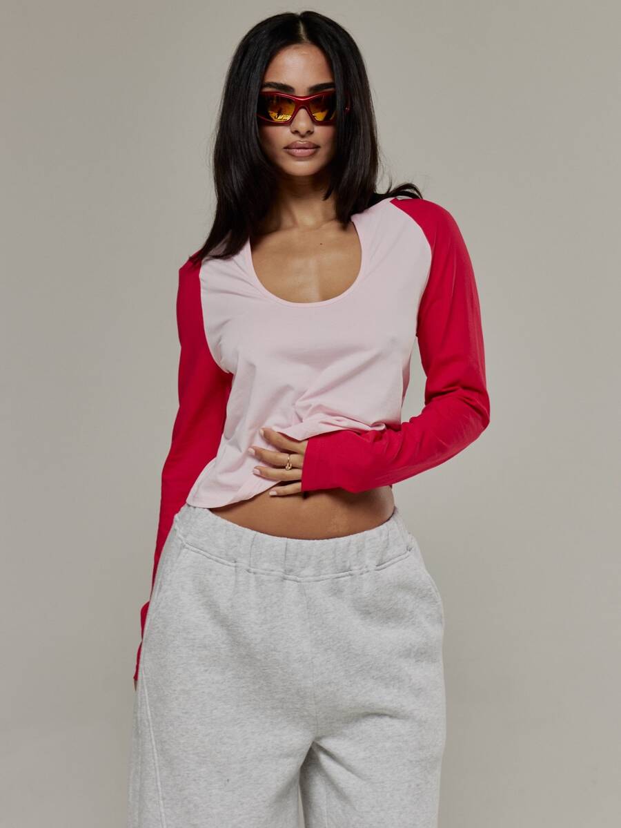 MUSERA Scoop Keyhole Front Fitted Contrast Colour Raglan Top Autumn Winter Fall Cute Basics Sexy Going Out Street Style - Multicolor - View 1