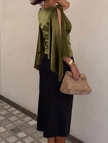 Siren Gaze 女款純色深V領喇叭袖百褶性感襯衫，適合夜晚外出、晚餐約會、秋季穿著 - 軍綠色 - 查看 3