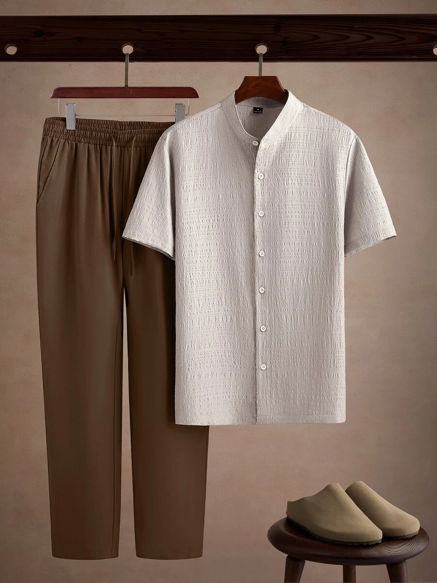 Core Aspect Men's 2 Pieces Set, Textured Short Sleeve Shirt With Stand Collar + Brown Drawstring Long Pants, Straight Leg Casual Business Suit - Multicolor - View 1
