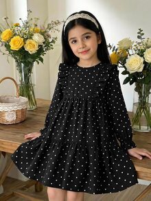 SHEIN Young Girl Woven Cute Kids Casual Polka Dot Pattern Ruffle Style Dress, Long Sleeve Dress, Suitable For Summer And Autumn, Perfect For Casual Daily - Black - View 6