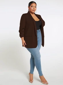 SHEIN Tall CURVE 大尺碼女款黑色夏季休閒修身商務度假風優雅曲線正式披肩領西裝外套辦公工作上衣 - 咖啡棕 - 查看 5
