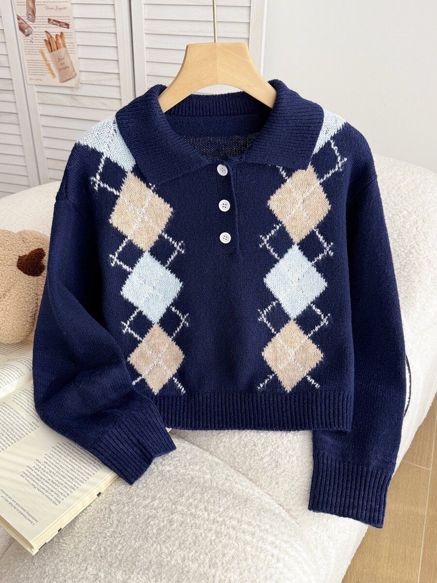 SHEIN Sweater Kasual Lengan Panjang Berkerah Polo Motif Kotak-kotak Berlian Gaya Y2K untuk Remaja Perempuan - Navy Blue - View 1