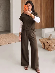 Rue Lumi Flap Detail Batwing Sleeve Shirt & Wide Leg Pants Without Blouse - Brown - View 3