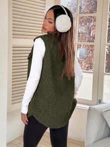 SHEIN EZwear Flap Detail Teddy Vest Coat Simple Fashionable Suitable For Winter - Army Green - View 2