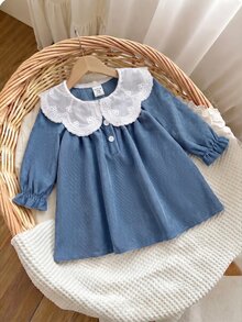 SHEIN Newborn Baby Peter Collar Ruffle Casual Daily Summer Dress - Blue - View 5
