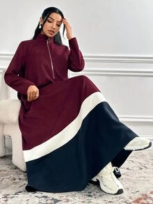 Veilorie Gaun Pesta Kasual Wanita Motif Blok Warna Gaya Arab - MultiWarna - View 5