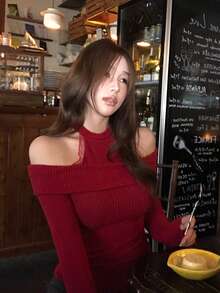DAZY Autumn/Winter 2-In-1 Hollow Mesh Casual Sweet Christmas Wedding Banquet Knit Women's T-Shirt - Red - View 9