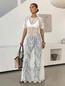 Reflora 大尺碼女款蕾絲性感透視約會與外出洋裝 - 白色 - 查看 7
