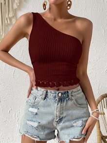 SHEIN VCAY 女款度假休閒純色單肩流蘇下擺上衣 - 酒紅色 - 查看 6