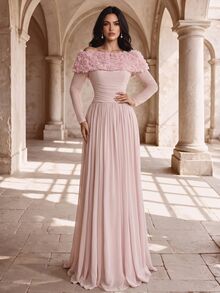 Coutiva Women's Cold Shoulder Floral Decor Craft Fitted Romantic Sweet Maxi Dress - Baby Pink - View 6