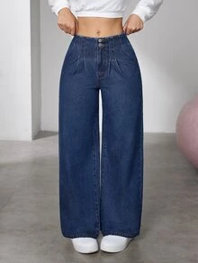 Flexra Women's Loose Wide Leg Jeans, Deep Blue Washed, Double Button Front Waist With Pleats, Elastic Back Waist, Comfortable Non-Binding, Hip-Flattering Slimming, Versatile For Commute And Travel, Autumn/Winter - Dark Wash - View 4