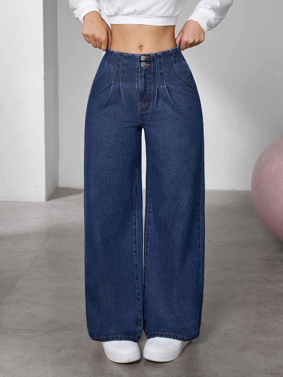 Flexra Celana Jeans Wanita Longgar dengan Kaki Lebar, Warna Biru Tua Pudar, Kancing Ganda di Bagian Depan dengan Lipatan, Karet Pinggang Belakang, Nyaman dan Tidak Mengikat, Memperindah Bentuk Pinggul dan Melangsingkan, Serbaguna untuk Perjalanan dan Bepergian, Musim Gugur/Dingin - Dark Wash - View 1
