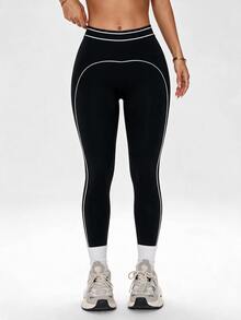 Dewbera Dewbera Women's Striped Colorblock Slim Fit Athletic Leggings For Running And Yoga - Black and White - View 4