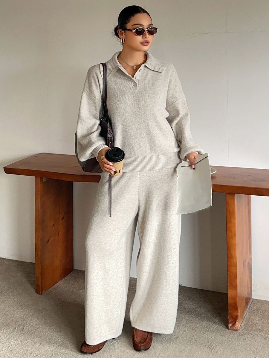 Dazy Plus Autumn/Winter New Style Lapel Casual Pants & Sweater 2 Pieces Set - Apricot - View 1