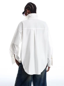 LYSMO Solid Drop Shoulder Oversize Button Front Shirt - White - View 2