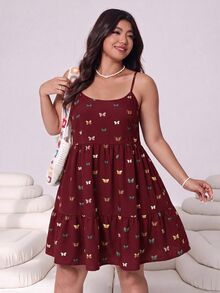 SHEIN EZwear 大尺碼女款全印花百褶休閒仙女風波希米亞哥德風日常夏季細肩帶洋裝，棕色，適合海灘度假 - 酒紅色 - 查看 3