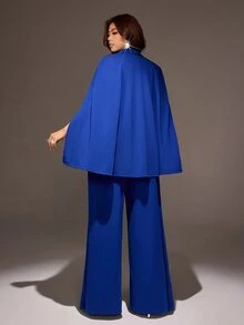 Viva Relle Plus Size Elegant Pocket Jacket And Loose Trousers Suit Set - Blue - View 6