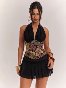 SHEIN BAE 秋季服飾 迷人性感優雅對比色可正反穿修身束腰上衣，夏季上衣，黑色上衣，外出上衣，夜店上衣，優雅上衣 - 彩色 - 查看 3