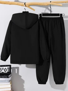 SHEIN 2件組兒童青少年男孩休閒運動圖案連帽黑色外套與長褲套裝，適合秋冬、家庭聚會、開學、運動、玩耍、生日派對、攝影、度假、假期 - 黑色 - 查看 3