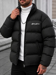 Manfinity Homme Casual Men's Black Stand Collar Quilted Winter Padded Coat, Loose Fit Letter Print Outerwear, Suitable For Urban Daily Wear And Weekend Outings - Black - View 9