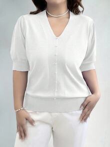 EMERY ROSE 大尺碼女款純色短袖鈕扣裝飾套頭毛衣，秋冬針織套頭毛衣 - 白色 - 查看 1