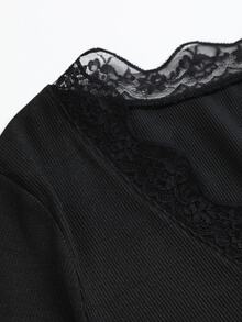 Weeklong Women's Plus Size Spring/Autumn 1pc Lace V-Neck Patchwork Long Sleeve T-Shirt, Slim Fit Flattering Pure Desire Style Casual Commute Base Layer Top - Black - View 6