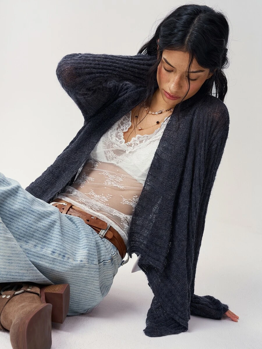 Bohemela 女款素色長袖開襟休閒針織開襟衫 - 藏蓝色 - 查看 1