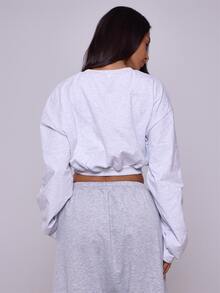 MUSERA ESSENTIALS Grey Jersey Cropped Cinched Waist Sweatshirt Autumn Winter Fall Casual Loungewear Everyday - Light Grey - View 4