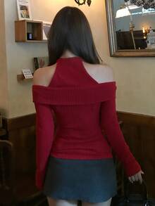 DAZY Autumn/Winter 2-In-1 Hollow Mesh Casual Sweet Christmas Wedding Banquet Knit Women's T-Shirt - Red - View 6