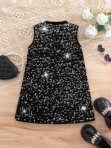 Young Girl Knitted Plush Sequin Casual Sleeveless Dress - Black - View 3