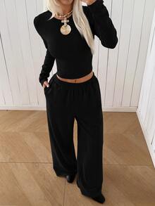 SHEIN EZwear 黑色針織女款圓領長袖T恤與長褲套裝，居家旅行秋季休閒 - 黑色 - 查看 6