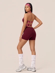 SHEIN BAE Women's Colorblock Casual Daily Halter Neck Sports Romper - Burgundy - View 2