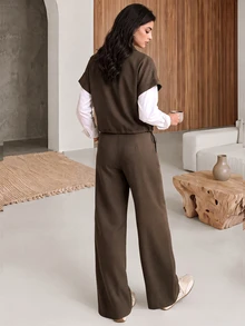 Rue Lumi Flap Detail Batwing Sleeve Shirt & Wide Leg Pants Without Blouse - Brown - View 2