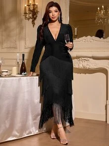 Reflora Plus Size Women Solid Color V-Neck Tassel Design Casual Party Dress - Black - View 6