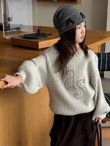 Dazy Kids Sweater Lengan Lentera untuk Pakaian Sehari-hari Kasual dengan Hiasan Rhinestone untuk Anak Perempuan Remaja - Light Grey - View 6