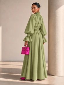 Structelle Women's Casual Raglan Puff Lantern Sleeve Dress With Cuffed Frill Trim, V-Neck Mock Collar With Tie Design, Straight Loose Fit Long Robe Dress - Green - View 2
